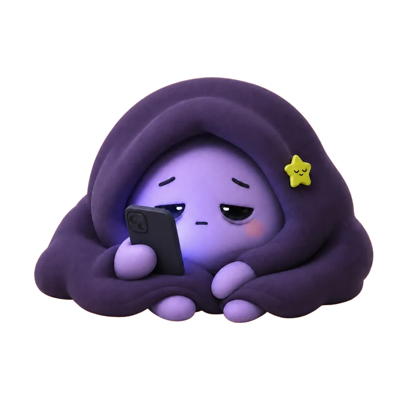 Bedrot mascot wrapped in a duvet at night, face lit by the phone it is still scrolling
